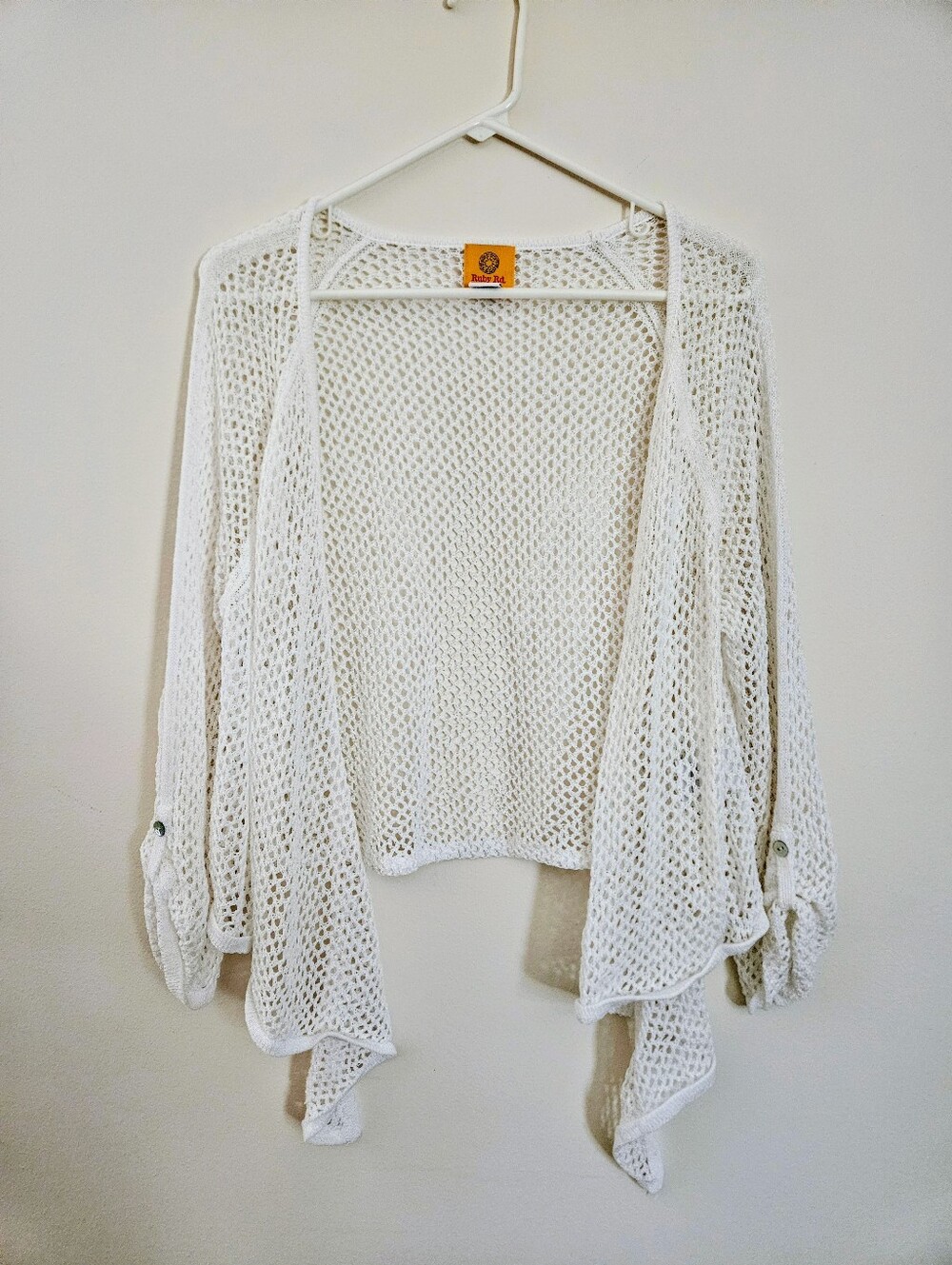 5/$30 Ruby Rd Crocheted White Lacy Shrug: Waterall Opening & Buttoned Cuffs, XL